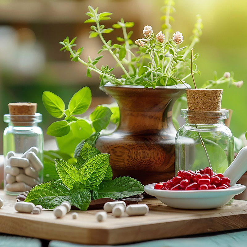 wooden tray with bottles herbs flowers it