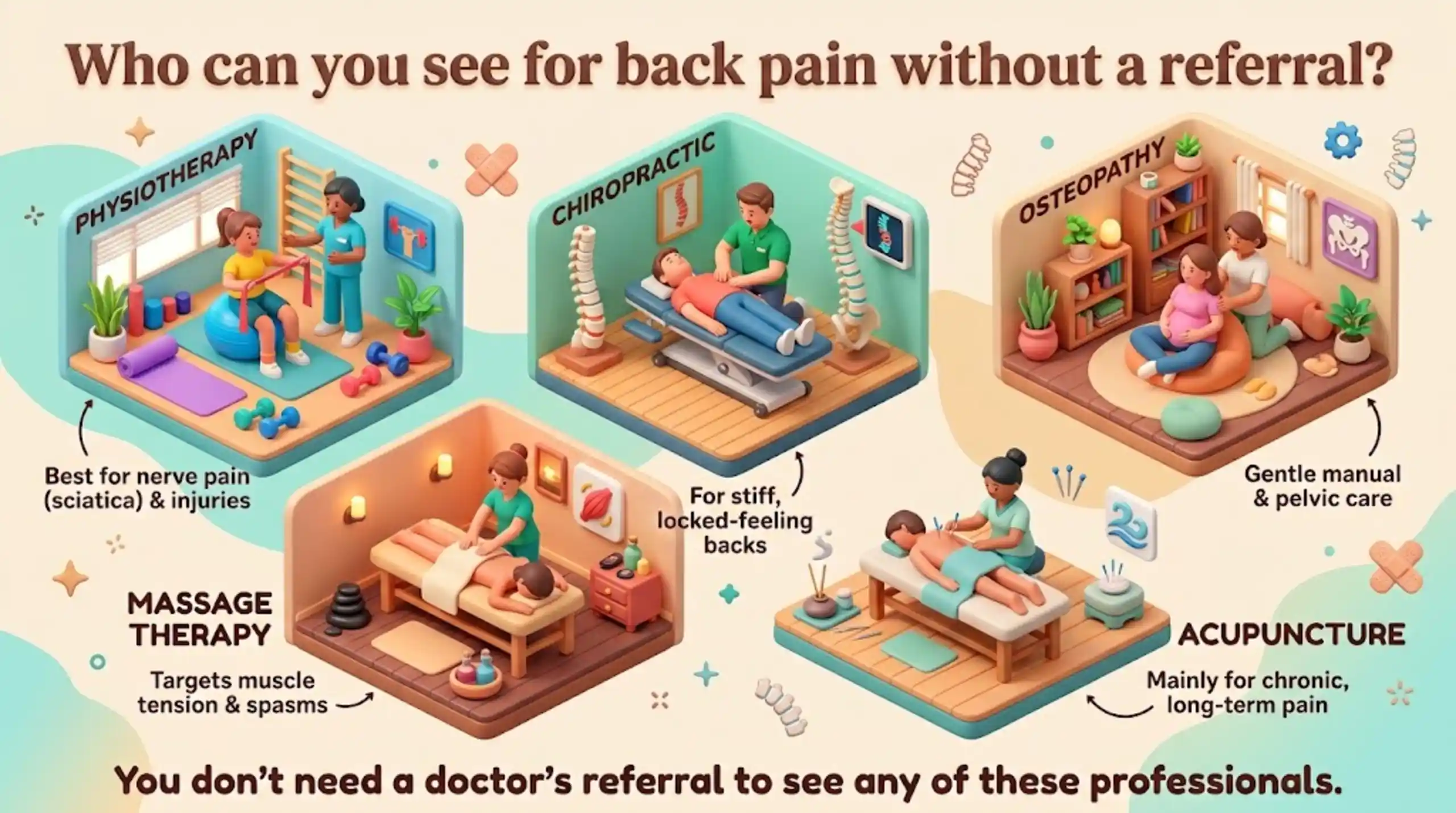 Back Pain Treatment in Toronto Without a Referral 1 Infographic detailing how to choose a back pain specialist without a referral in Ontario, comparing physiotherapy, chiropractic care, osteopathy, massage therapy, and acupuncture.