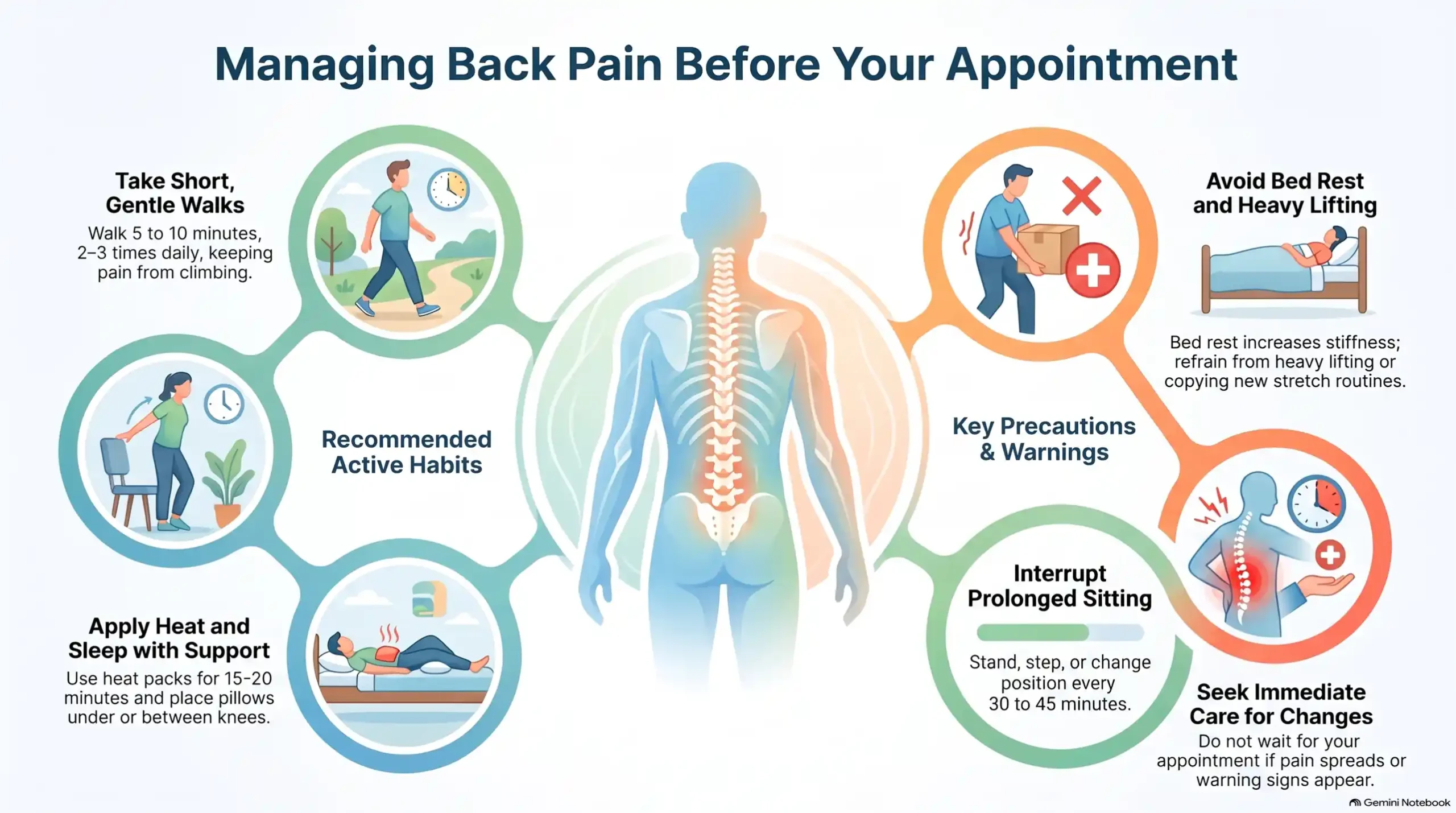 Back Pain Treatment in Toronto Without a Referral 2 Infographic on managing back pain before an appointment, with tips on active habits like gentle walks and precautions like avoiding heavy lifting.