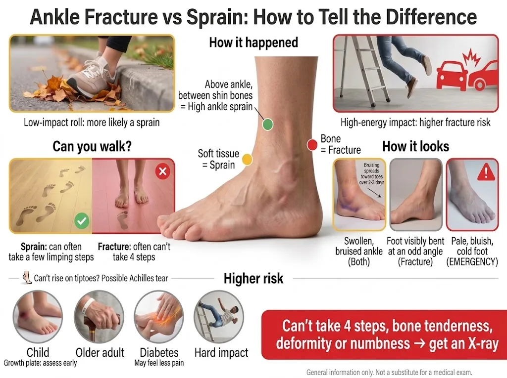 Ankle Fracture vs Sprain: How to Tell the Difference 1 Infographic explaining the difference between an ankle fracture and a sprain, comparing causes, walking ability, visible symptoms like swelling or deformity, and high-risk groups.