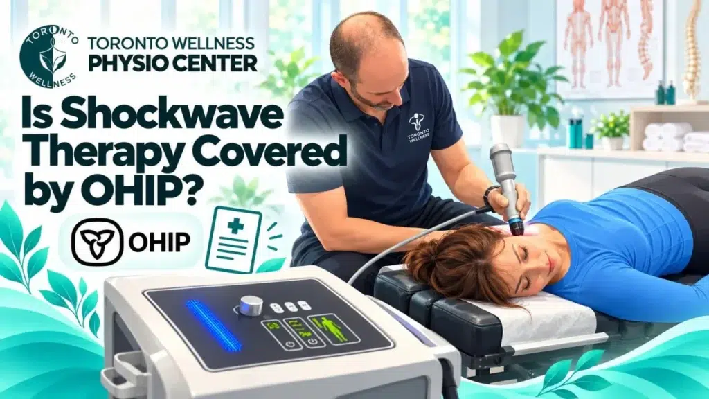 What is the difference between physiotherapy covered by insurance vs. out-of-pocket physiotherapy 1 Physiotherapist treating a patient's neck with a shockwave therapy device at Toronto Wellness Physio Center, with OHIP logo