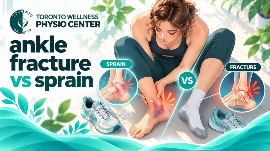 What is the difference between physiotherapy covered by insurance vs. out-of-pocket physiotherapy 3 Ankle fracture vs sprain comparison showing foot injury anatomy, swelling, and pain points by Toronto Wellness Physio Center.