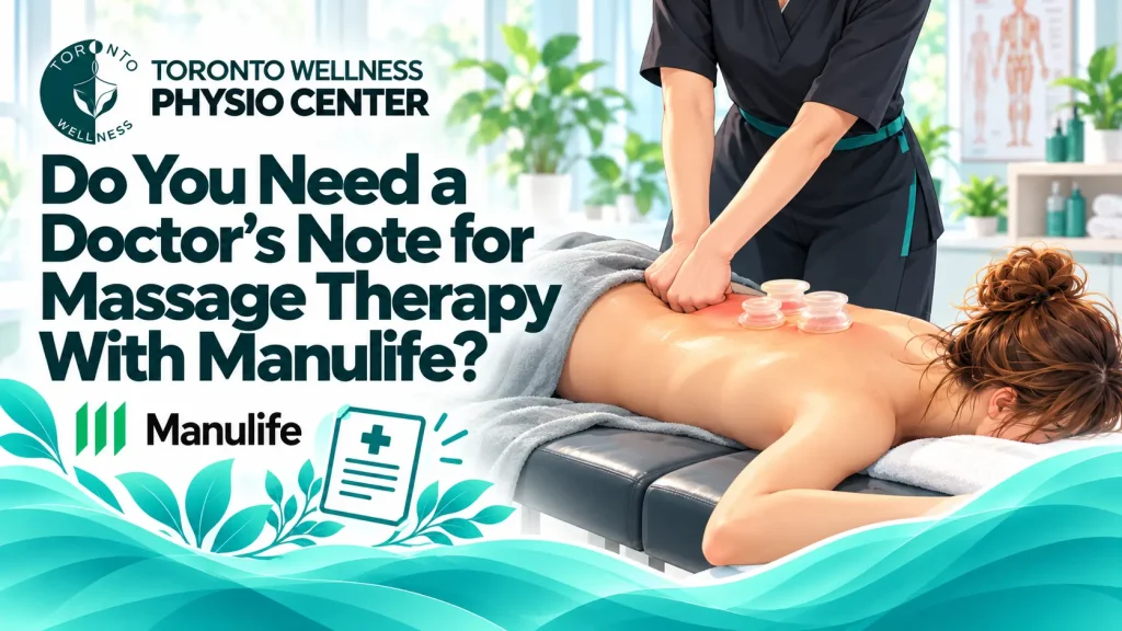 What is the difference between physiotherapy covered by insurance vs. out-of-pocket physiotherapy 2 "Massage therapist treating a patient at Toronto Wellness Physio Center with text asking 'Do you need a doctor's note for massage therapy with Manulife?'"